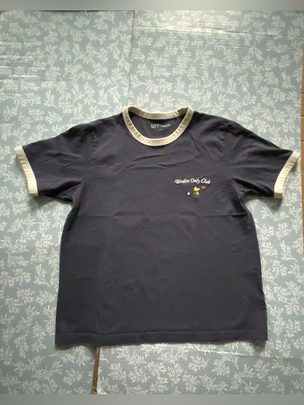 Uniqlo women’s Navy Ringer Tee with Cream Trim and Birdie Chest Graphic